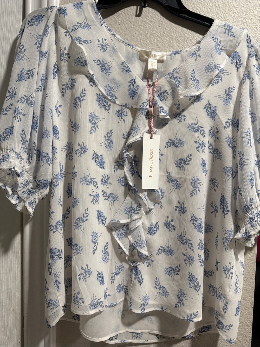 Elaine Rose White Blouse with Blue Floral Ruffle Detail
